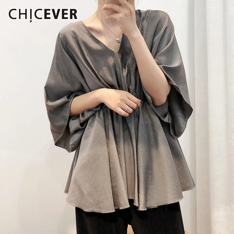 

CHICEVER Korean Drawstring Women's Shirt V Neck Batwing Sleeve High Waist Tunic Large Size Casual Blouse Female 2019 Autumn New
