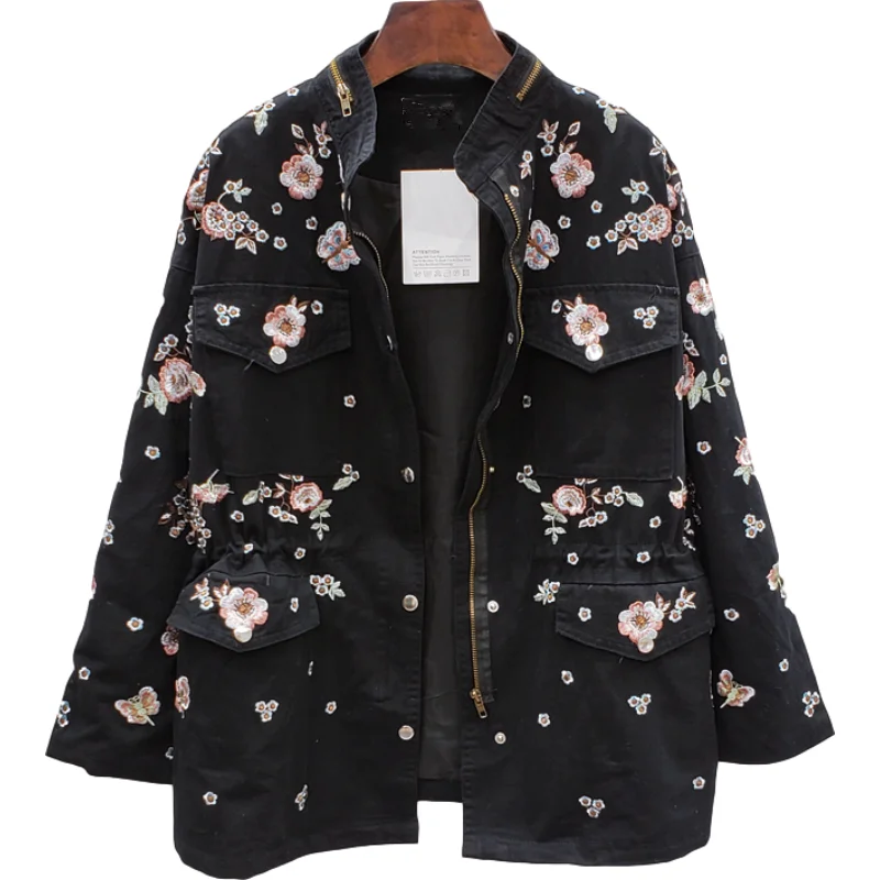 

Spring Autumn Fashion Windbreaker Women Stand Collar Long Sleeve Loose Embroidery Flowers Drawstring Waist Ladies Jacket H489