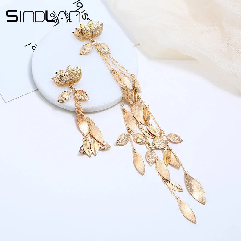 

Sindlan Luxury Lady Asymmetric Earring Gold Leaf Tassel Exaggerated Earrings for Women Long Pendant Dangle Earrings Jewelry