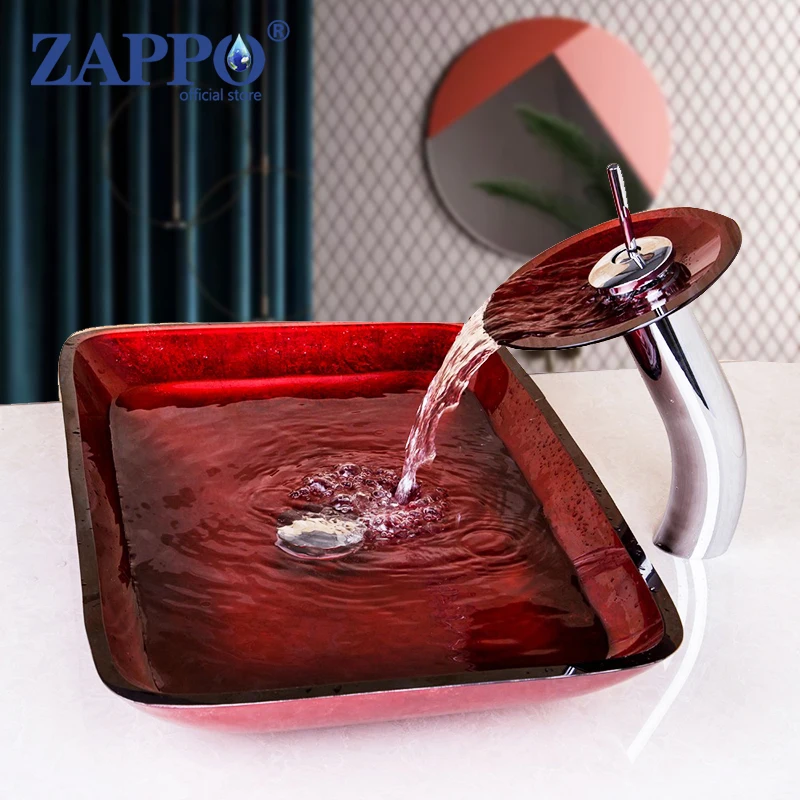 ZAPPO Роскошная красная раковина из закаленного стекла Водопад с латунным краном