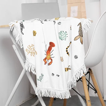 

Breathable Baby Tassel Beach Towel Round Baby Cashmere Mats Pad Marine Animal Printed Soft Shower Blanket for Children