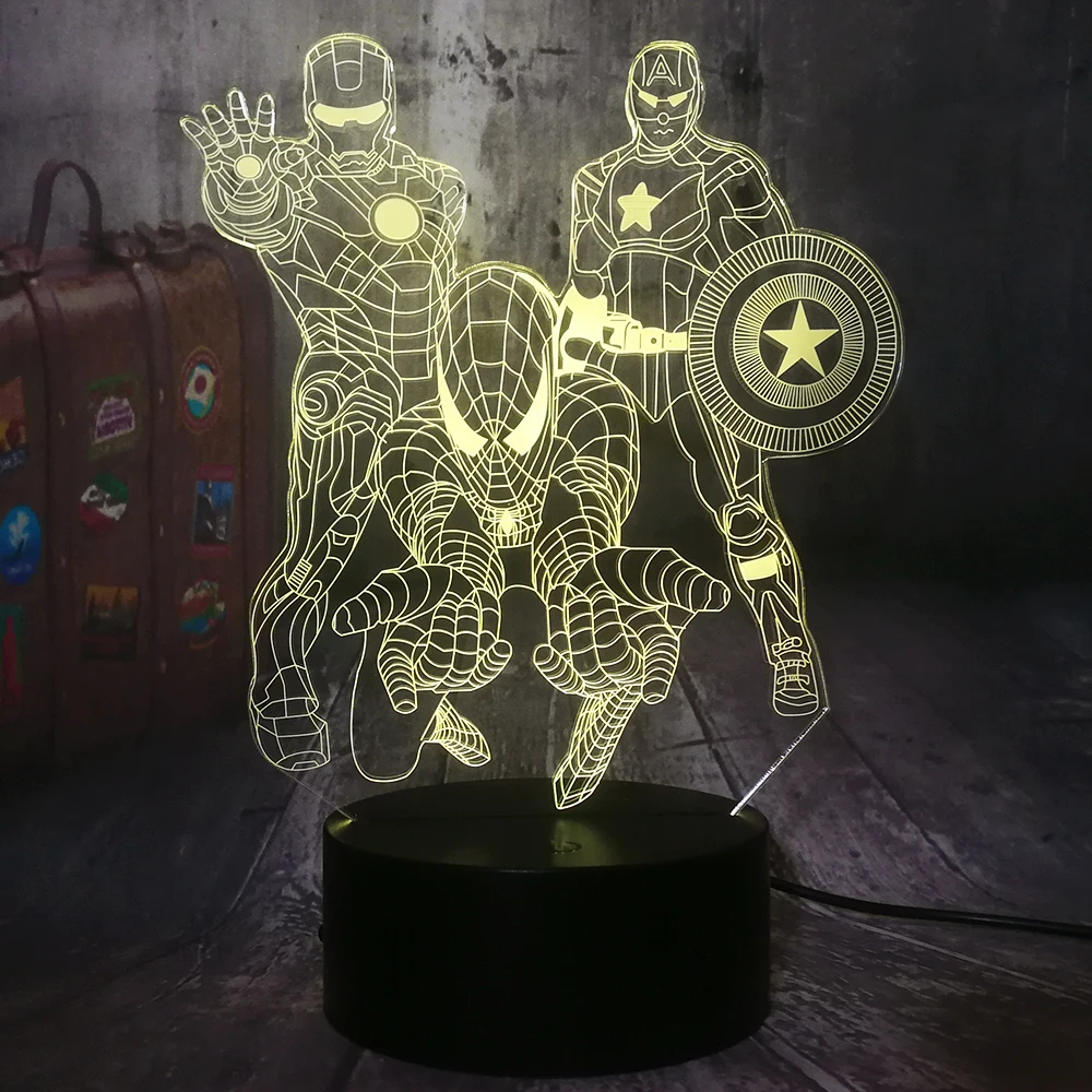 С рисунком «мстители» от Marvel Comics Железный человек Человек-паук Капитан Америка 3D светодиодный ночной Светильник детские игрушки Рождественский подарок настольная лампа Украшения в спальню