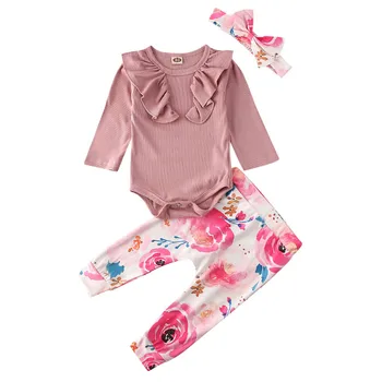 

3PCS Infant Baby Girls Long Sleeve Ruffles Tops Bodysuit Floral Printed Pants Headband Outfits Set Clothes