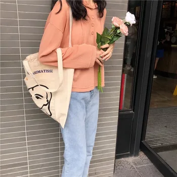 

South Korea ins the same simple female avatar printed canvas bag shoulder bag wild outer pocket literary bag