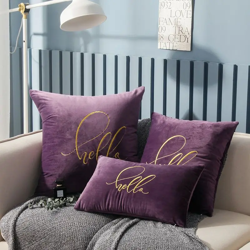Purple 45x45 см мягкий чехол мягкий бархат домашняя декоративная Подушка Крышка Привет вышивка/30x50 см/55x55 см синий зеленый красный серый фиолетовый - Цвет: Purple