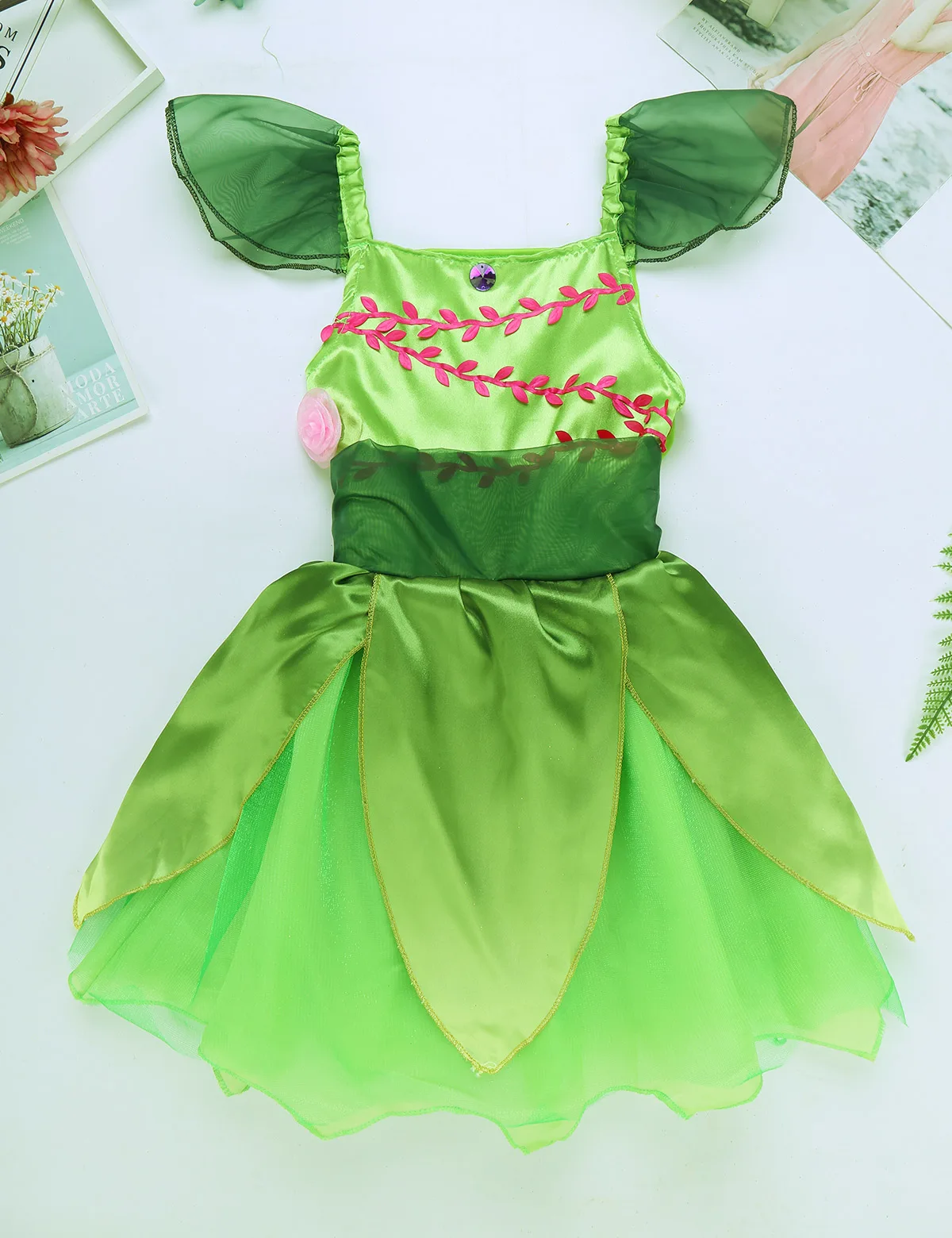 Сказочный костюм для девочек платье из сетчатой ткани с объемными цветами и рукавами-крылышками, со стразами, со съемными блестящими крыльями, костюм для Хеллоуина, косплей
