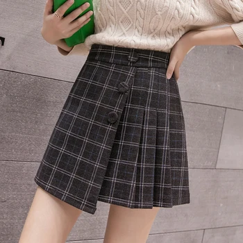 

S-2XL Womens Skirts Preppy Style High Waist Chic Single Breated Plaid Wool Skirt Autumn Winter Woman Mini Pleated Skirt