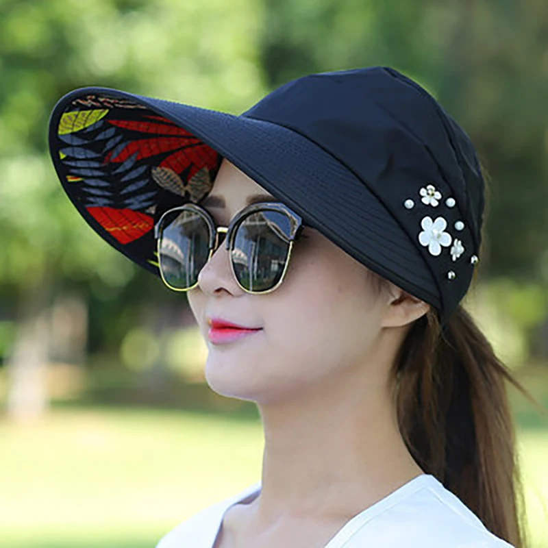 Женские летние солнцезащитные шляпы, уличные Козырьки Шляпы, рыболовная пляжная шляпа с защитой от ультрафиолета, женские повседневные летние шапки с конским хвостом - Цвет: Черный