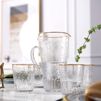 

European Style Luxury Retro Palace Style Gold Mouth Relief Pattern Glass Water Cup Kettle Household Juice Milk Breakfast Cup