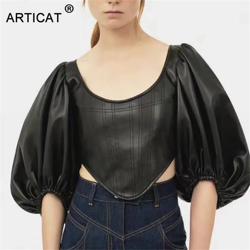 Articat винтажный буф рукав из искусственной кожи короткий женский топ черные короткие полосатые вечерние топы на молнии модные вечерние топы для клуба уличная одежда