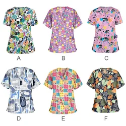 Women Scrub Tops Cartoon Panda Print Short Sleeve Shirts Medical Nursing Uniform Workwear Nurse Tops Work Uniform Blouse