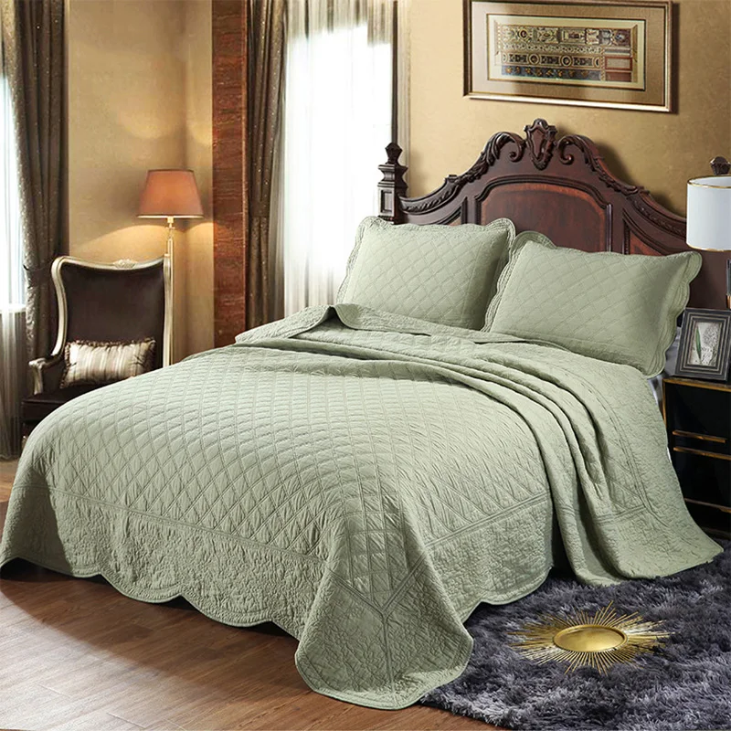 Армейский зеленый Solid Cotton Quilt Set 3PCS Embroidered Bedspread Quilted Coverlet Bed cover sheets Pillowcase King Queen Size Blanket CHAUSUB - Цвет: Армейский зеленый
