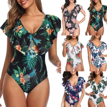 

Large Size 2020 Sexy Deep-V One Piece Swimsuit Female Women Vintage Retro Swimwear High Neck Bandage Ruffle Backless Monokini