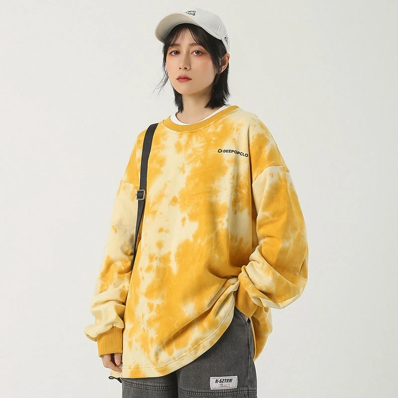 

Tie Dye Oversized Pullovers Women Winter Yellow Blue Letter Printed Elastic Loose Fashion Casual Hip Hop Streetwear Tops