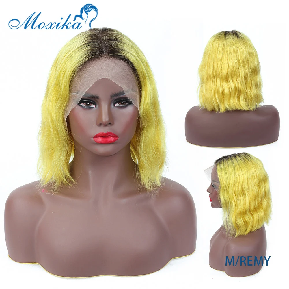 

Moxika 13*4 Short Bob Wavy Human Hair Wig T1B Yellow Bob Lace Front Wigs150% Density Remy Brazilian Lace Front Wigs
