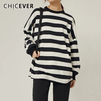 

CHICEVER Women Black Striped Split Joint Big Size T-shirt New Round Neck Long Sleeve Fashion Tide Spring Autumn 2020