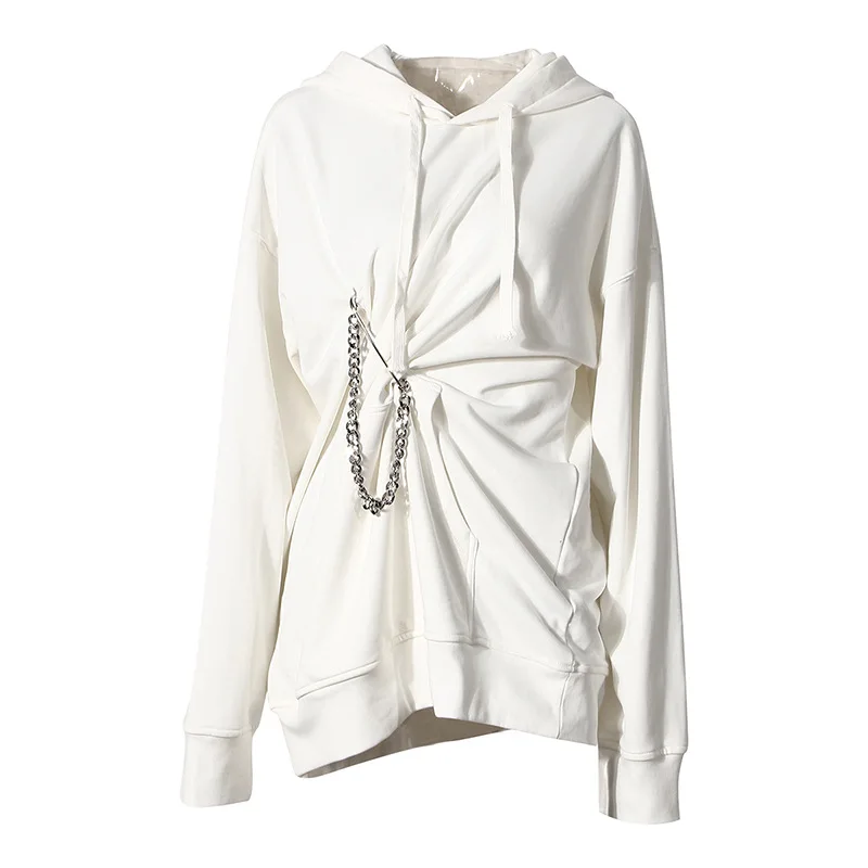 Белый/серый оверсайз толстовки для женщин 2020 Осень Зима Винтаж драпированные