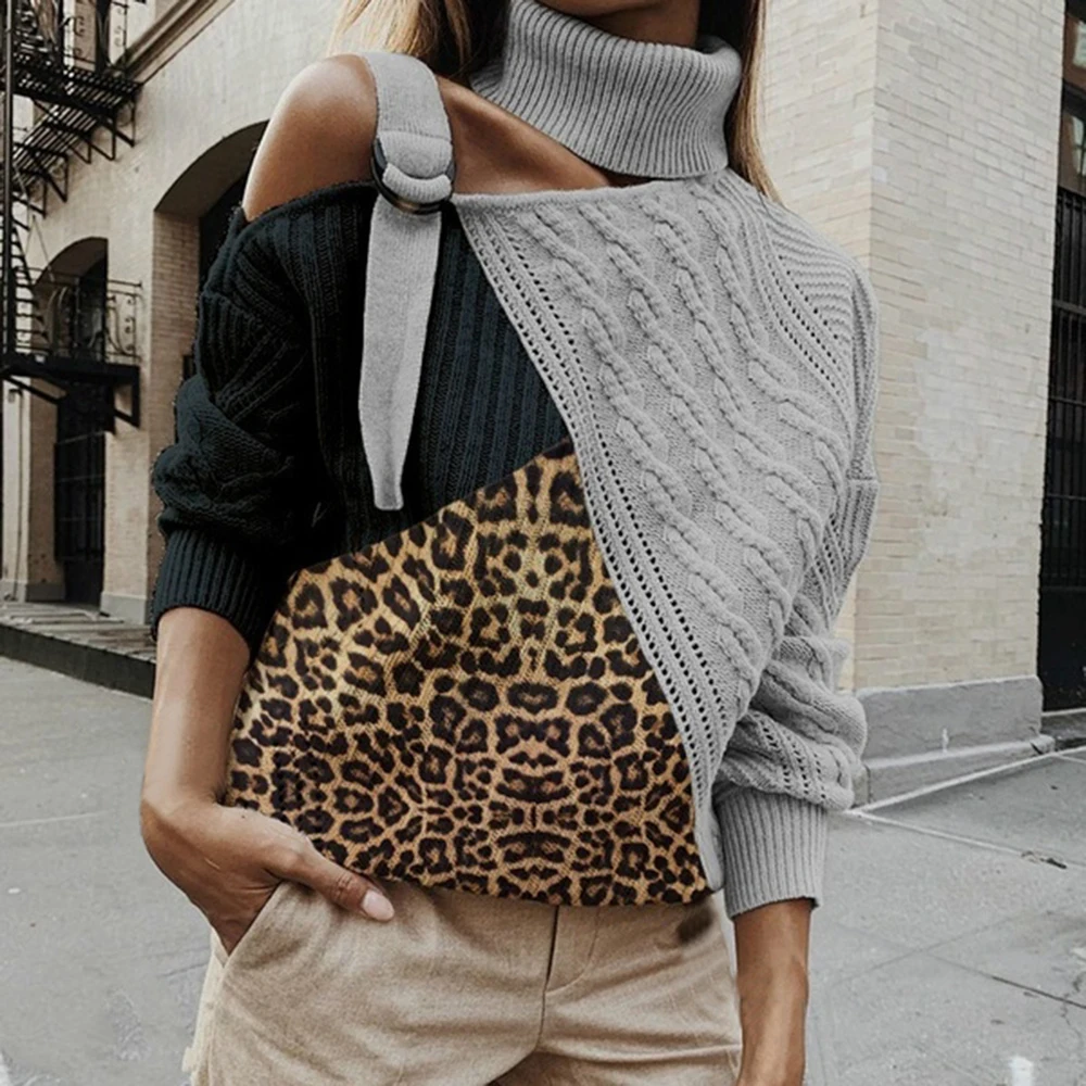 Леопардовый лоскутный свитер с воротником-хомутом, женские сексуальные цветные вязаные свитера с открытыми плечами, пуловер с длинными рукавами и рукавом летучая мышь, топы
