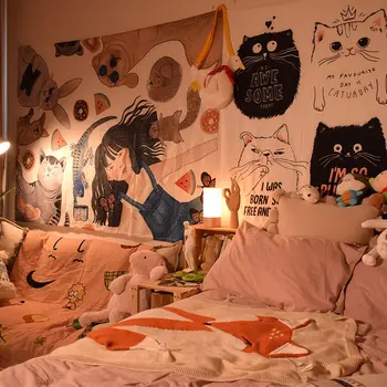 

Art College Tapestry Cute Modern Print Cartoon Cat Girl Animal Tapestry Living Room Slaapkamer Decoratie Wall Decor DE50GT