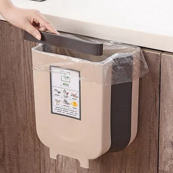 

5L Wall Mounted Folding Waste Bin Kitchen Cabinet Door Hanging Trash Bin Garbage Car Trash Can Wall Mounted Foldable Cleaning