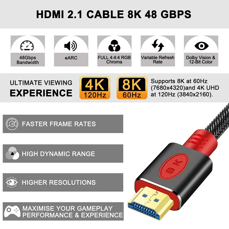 HDMI ȣȯ 2.1 ̺, 8K @ 60Hz, 4K @ 120Hz/60Hz, ARC HDR 48Gbps Mi Box ø ġ PS5/4 TV xbox  ǻͿ