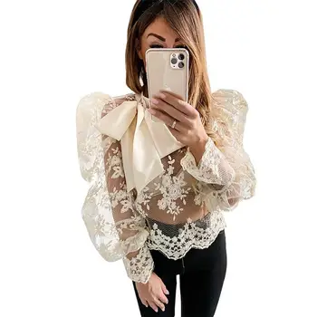 

See Through Women Mesh Blouse Top Shirts O-neck Lace Puff Sleeve Tops Women Casual Bow-knot Blouses Tops for Women 2020 Sexy