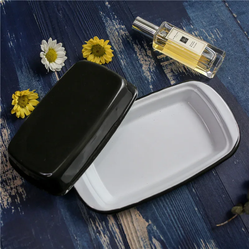 

Retro Vintage Enamel Covered Dessert Tray Butter Box Cheese tray Storage Box-W 19.5 cm