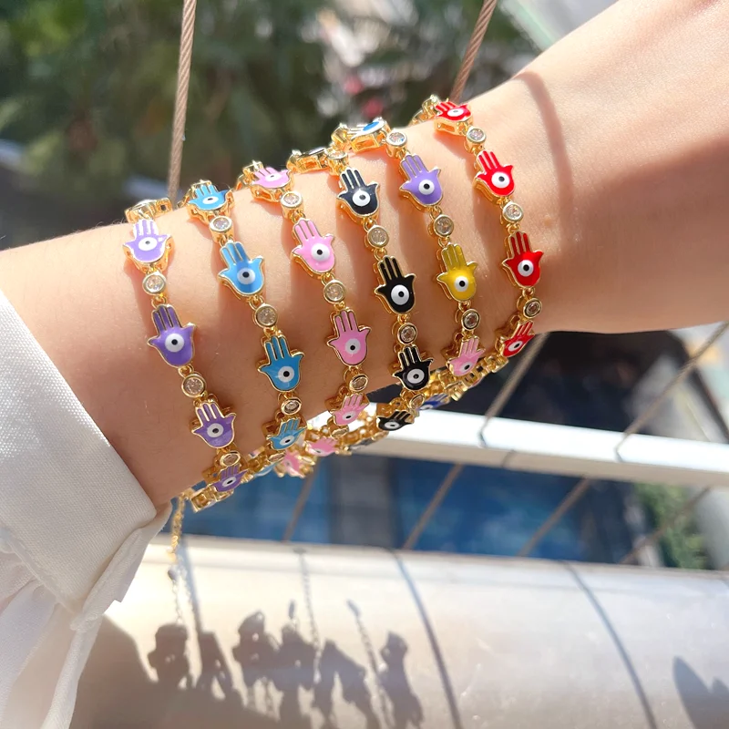 6Pcs Adjustable Dainty Gold Plated Rainbow Enamel Multi Colored Turkey Evil  Eyes CZ Crystal Chain bracelets