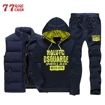

3 Pieces Set Men Winter Thicken Warm Tracksuit Hooded Fleece Hoodies+Zipper Vest+Sweatpants Track Suit Man Print Sportswear Coat