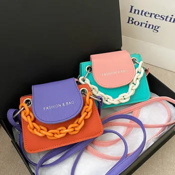 

Youth Ladies Simple Versatile Bag Women Mini Crossbody Bag Acrylic Chain Lady Hit Color PU Leather Shoulder Pouch Bags