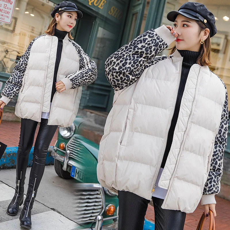 

Leopord Pattern Thick Cotton Overcoat Women's Loose-Fit down Coat Crew Neck Baseball down Jacket Cotton-padded Clothes Students
