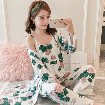 

Spring And Autumn Pajamas Women's Korean-style New Style Sexy Camisole Set Long Sleeve Three-piece Set Tracksuit Qmilch Summer