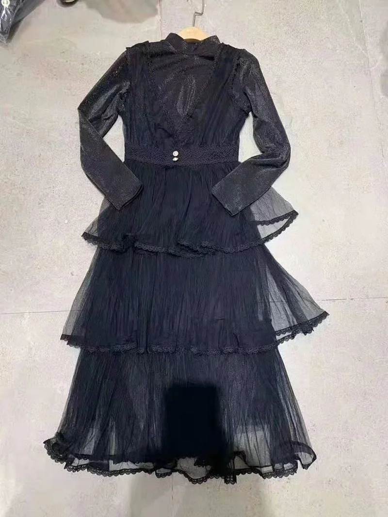 Высокое качество, новинка, Весенняя мода, вечерние, Vestido, для женщин, стоячий ворот, сексуальный тюль, сетка, кружево, пэчворк, Платье макси с длинным рукавом