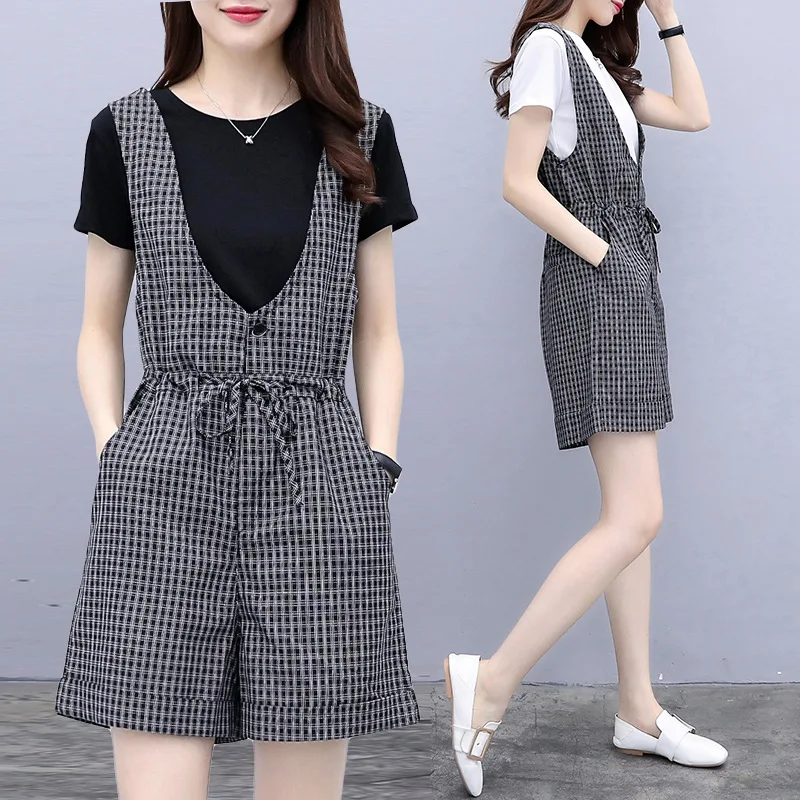 

2019 Summer Wear New Style Korean-style Large Size Dress Fat Mm Plus-sized Slimming Plaid Suspender Pants Two-Piece Set Women's