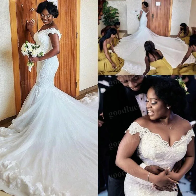 

Элегантное свадебное платье-Русалка со шлейфом и открытыми плечами, кружевное свадебное платье с аппликацией в африканском стиле, свадебные платья