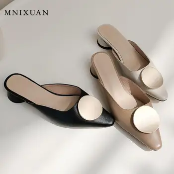 

Handmade women chunky heel pumps mules shoes spring 2020 summer genuine leather slip on block low heels woman slippers size 33