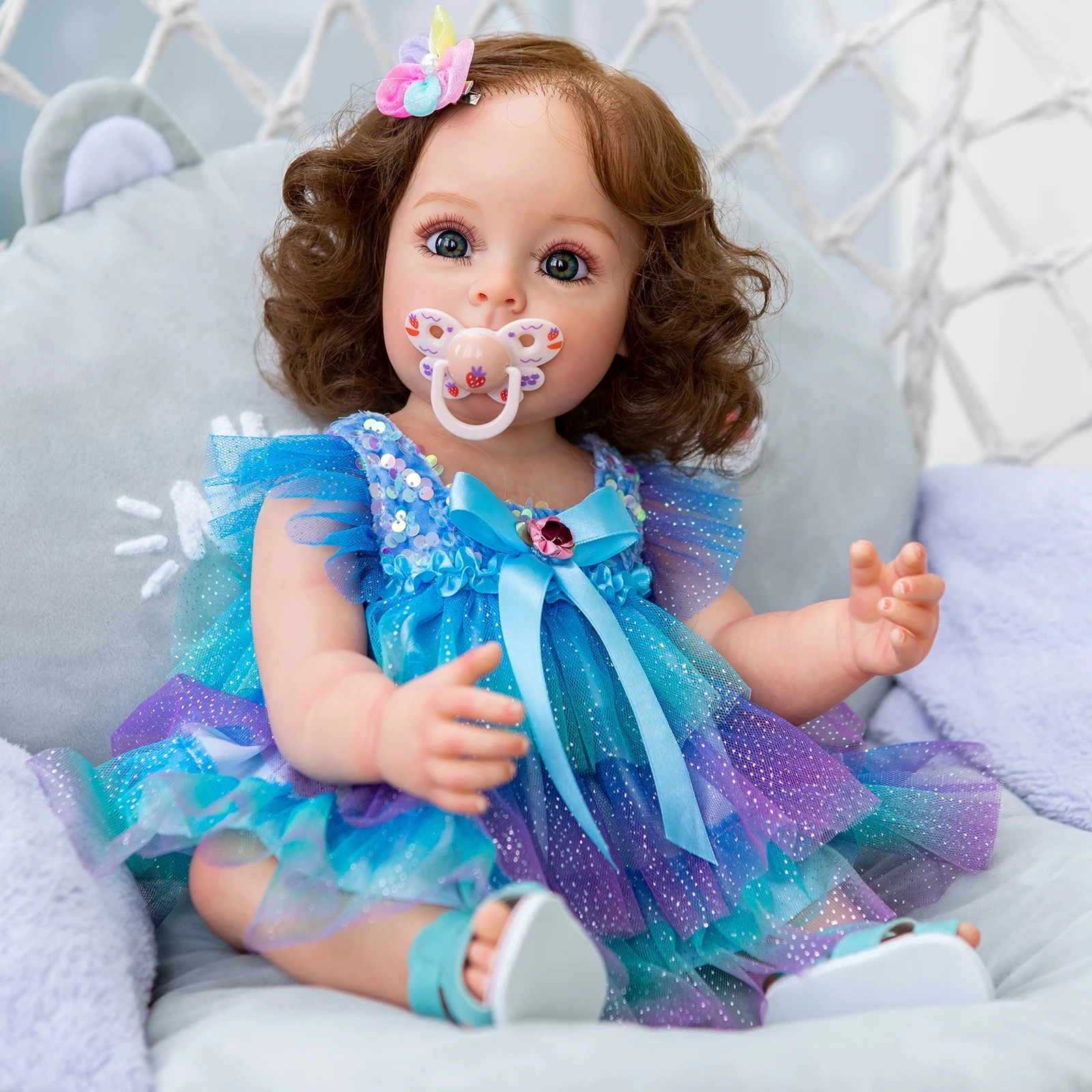 New 55CM FUll Body Silicone Reborn Toddler Girl Princess Sue-Sue Hand-detailed Painting Rooted Brown Hair Waterproof Toy Bebe newborn photography props baby girl headbands bows flowers bebe infant hair newborn photo accessories headwear