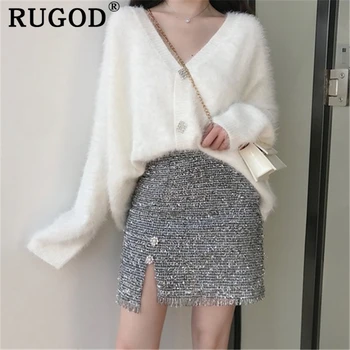 

RUGOD Elegant Cashmere sweater women Korean single-breasted long sleeve Auturm knitted ladies white cardigan Fashion female coat
