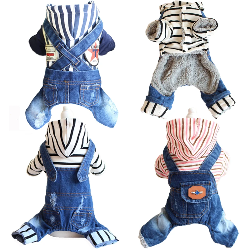 

Stripe Denim Pet Dog Jeans Jumpsuit Puppy Cat Hoodie Overalls Coats Winter Warm Thick One-piece Jacket Coat Four Feet Clothes