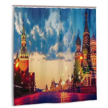 

Red Square Shower Curtain with Hooks bathroom Waterproof Polyester Fabric