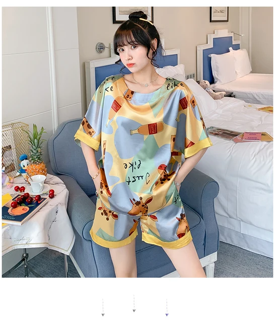 New Autumn Winter Trendy Pajamas Giraffe Printing Women Pijamas Round  Collar Sleepwear Nightwear Cotton Loungewear for Girls