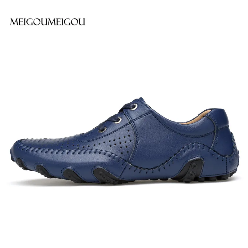 Обувь из натуральной кожи; Мужская дышащая кожаная обувь; мокасины «Осьминог»; повседневные мужские лоферы; нескользящие осенние модные кроссовки - Цвет: Mesh blue