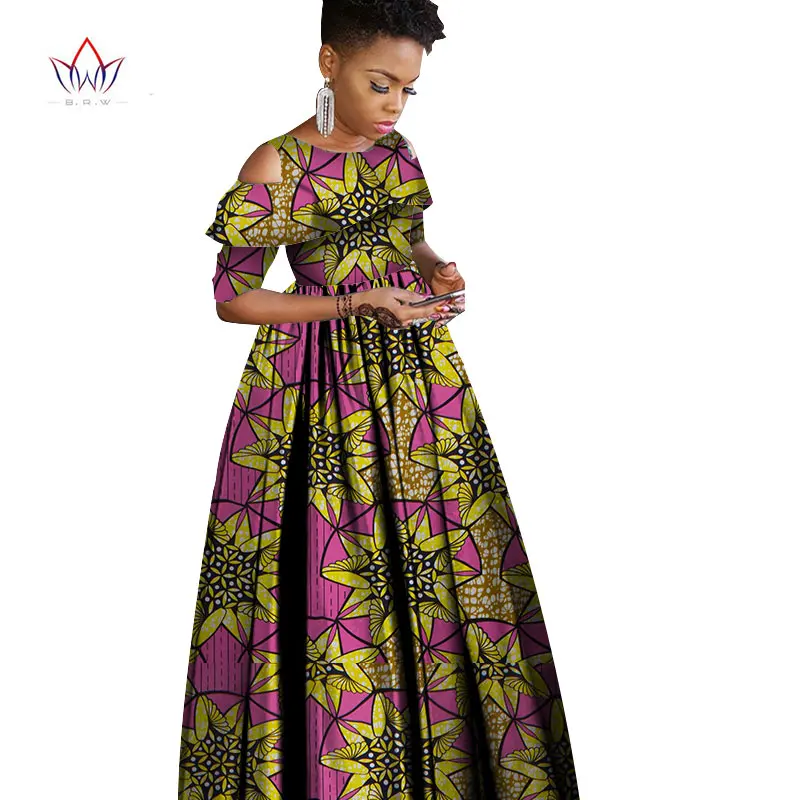 Лето Осень африканские платья для женщин Анкара одежда оборками воротник батик воск принт Половина рукава Макси платье WY1864