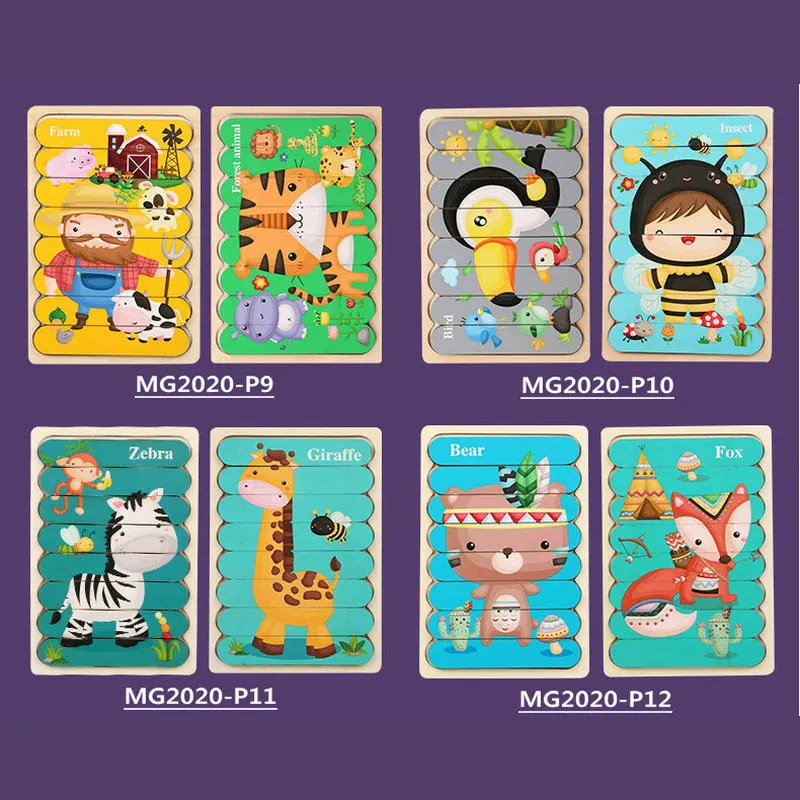 

4 puzzles for 1 order Cartoon double-sided 3d puzzle wooden toys for children preschool learning educational toy toddlers jigsaw