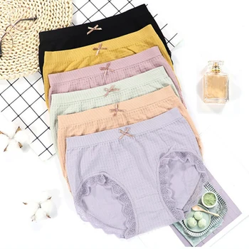 

Women's Japanese Lace Trim Bowknot Panties Mid-Waist Briefs One Size