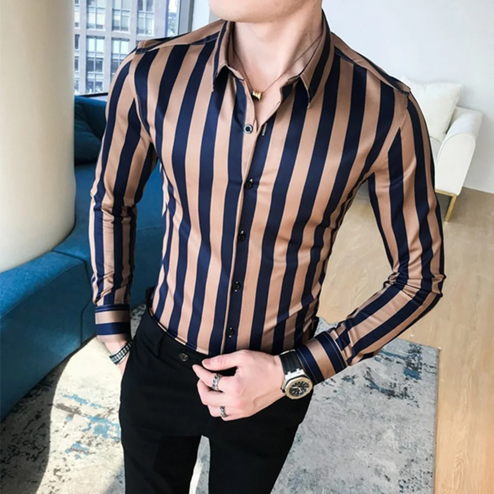 Men Fashion Striped Long Sleeve Turndown Collar Button Blouse Shirt Top Shirts Men Male Slims Fit Shirt Chemise Homme Top Haraju