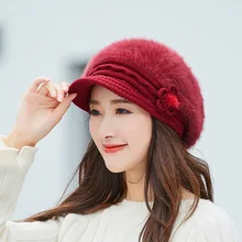 Hat Female Winter Korean Flower Rabbit Fur Cap Thickened Beret Hood Warm Knitted Wool Cap Autumn Winter Mother's Cap