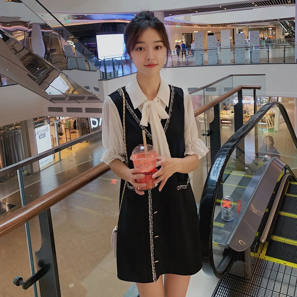 

Photo Shoot 2019 Summer New Style WOMEN'S Dress-Style Retro CHIC-Style Contrast Color Bow Mock Two-Piece Chiffon Dress