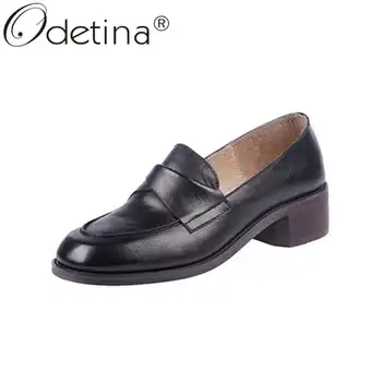 

Odetina Women Fashion Block Mid Heel Slip On Sewing Casual Shoes Ladies Vintage Cow Leather Non-slip Square Toe New Dress Shoes