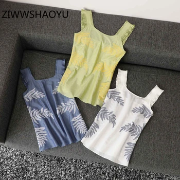 

ZIWWSHAOYU Women Summer Solid Embroidery Ruffle Spaghetti Strap Tops Fashion Designer Female Backless Slim Sexy Camis